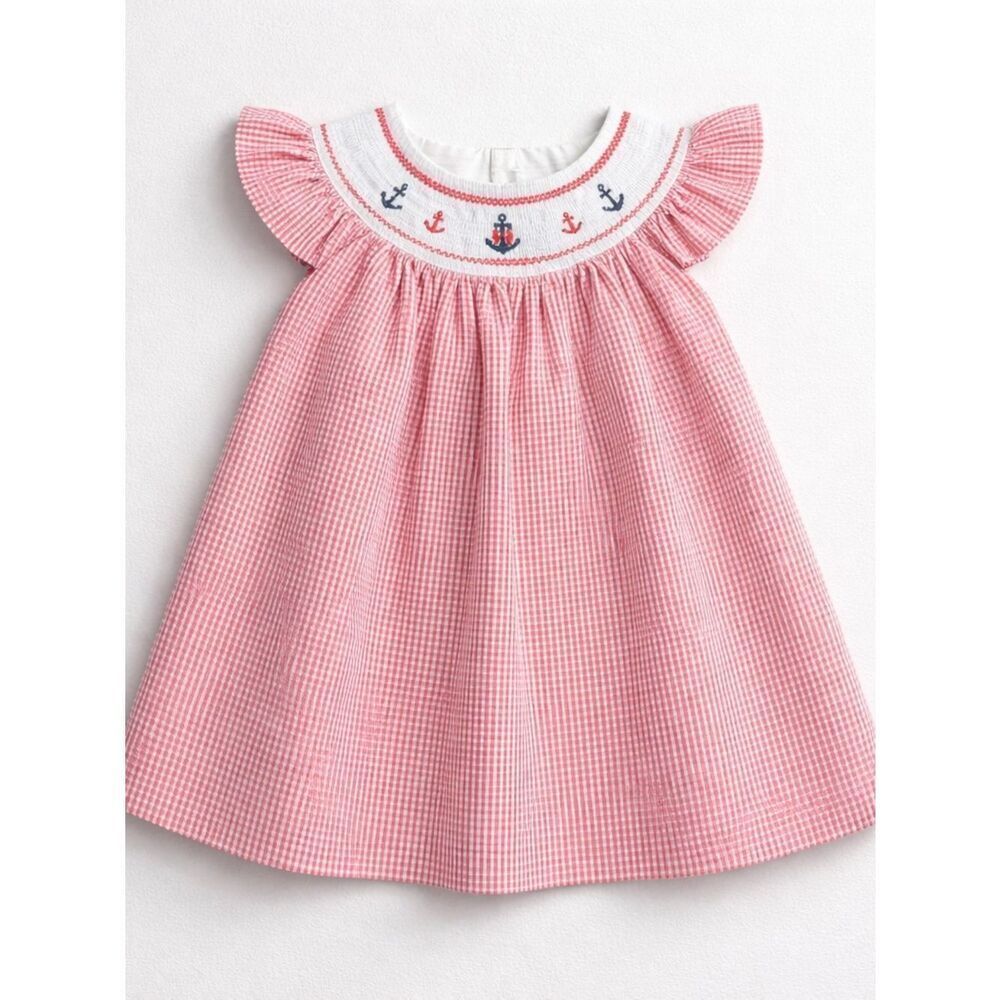 Good Lad Red and white stripe sear suckers smocked anchor embroidered dress 18m
